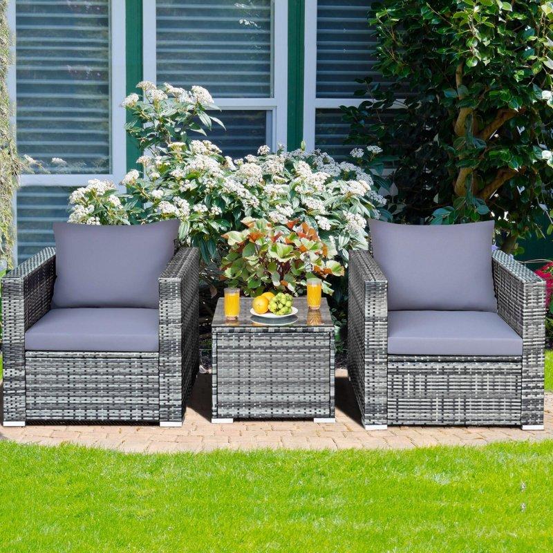 Gri Rattan Çelik Minderli 3 Parça Bahçe Takımı - 267802