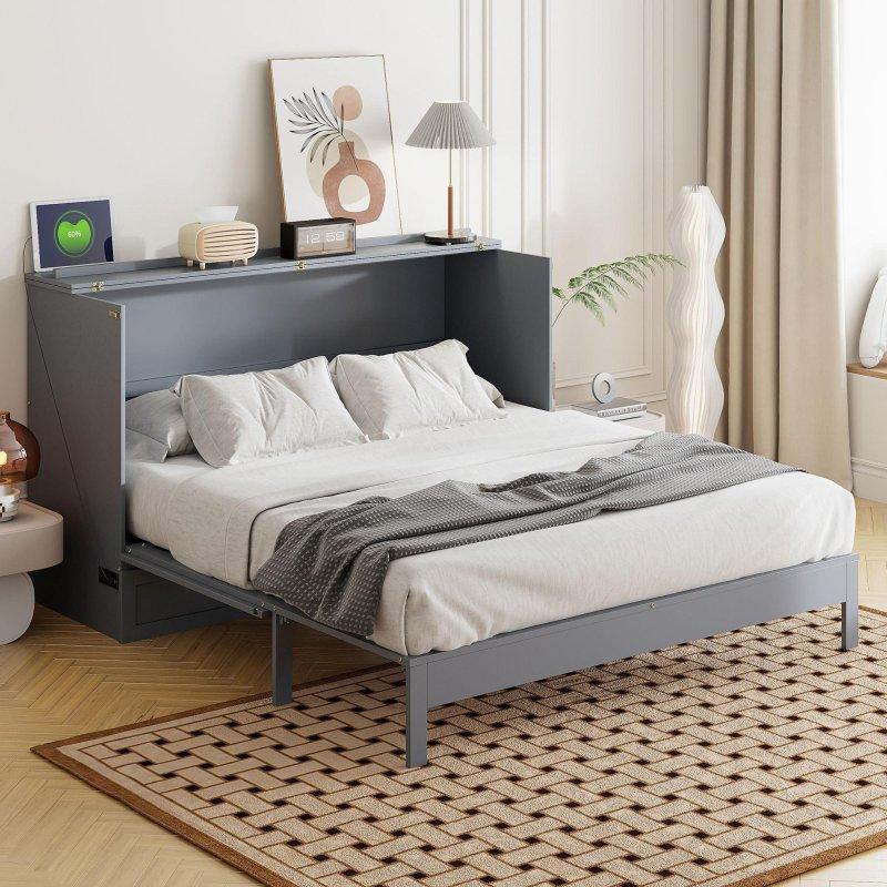 Gri Rattan Detaylı Geniş Çekmeceli USB Portlu Duvar Yatağı - 265475