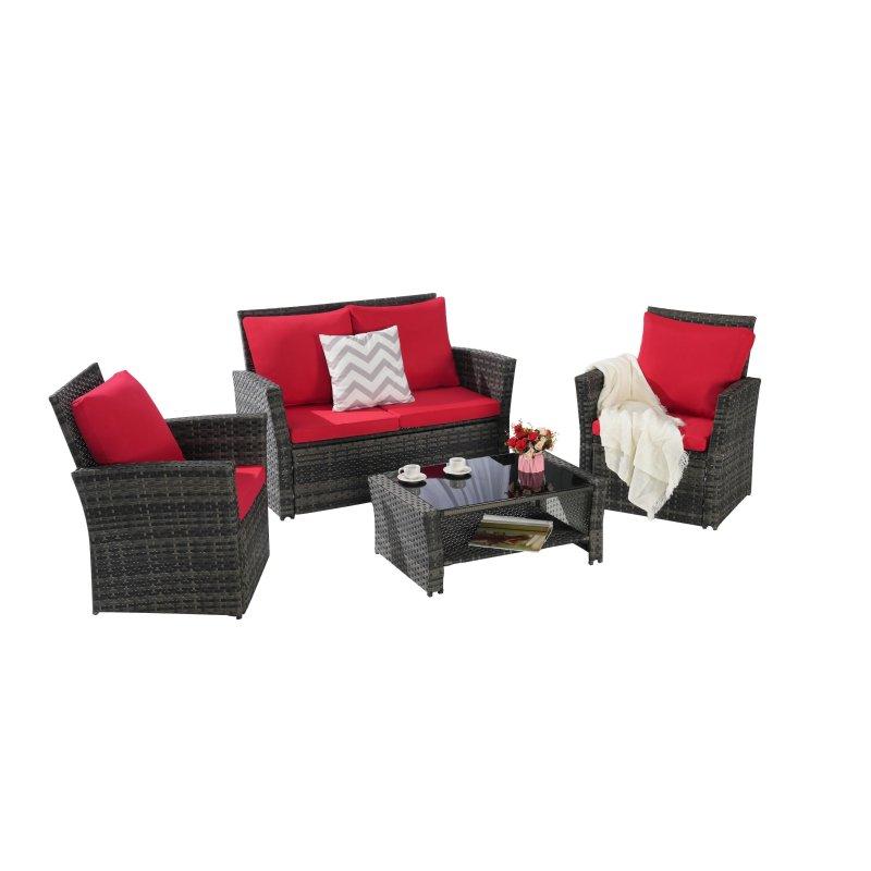 Gri Rattan Kırmızı Minderli Modüler 4 Parça Bahçe Takımı - 273317