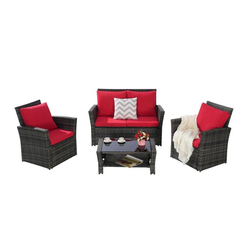 Gri Rattan Kırmızı Minderli Modüler 4 Parça Bahçe Takımı - 273317