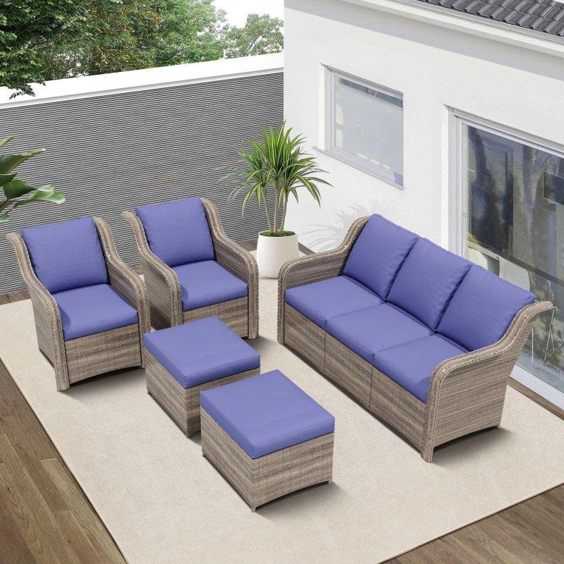 Gri Rattan Mavi Minderli Çelik İskeletli Modüler Bahçe Takımı - 276184