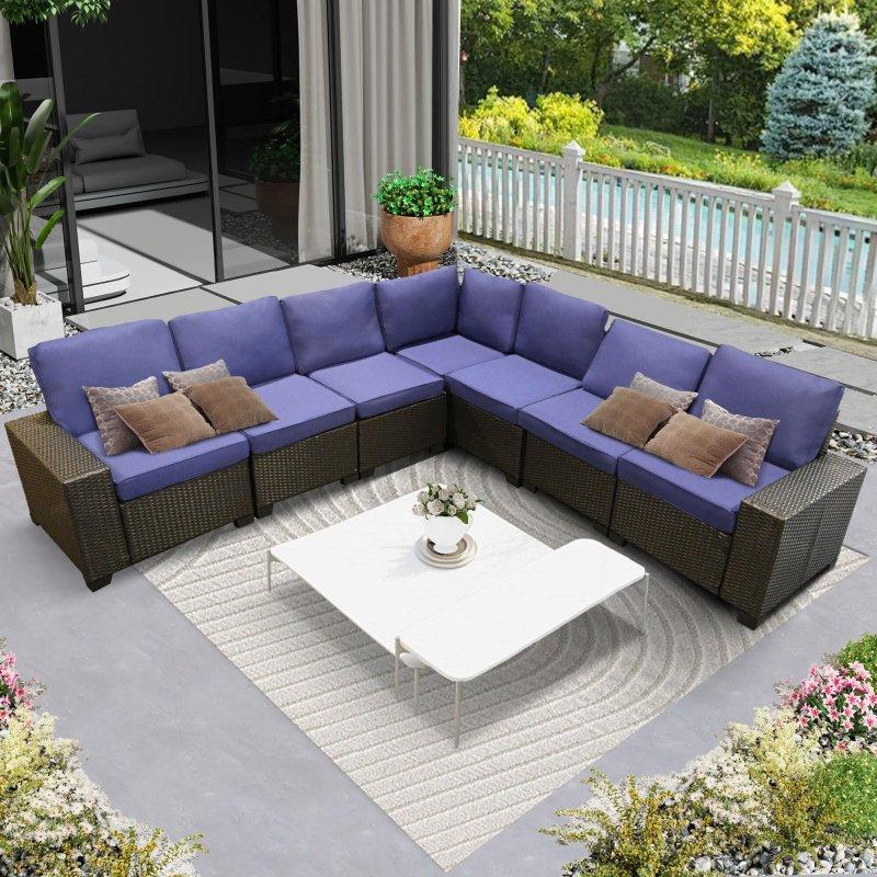 Gri Rattan Mavi Minderli Çelik İskeletli Modüler Bahçe Takımı - 276184