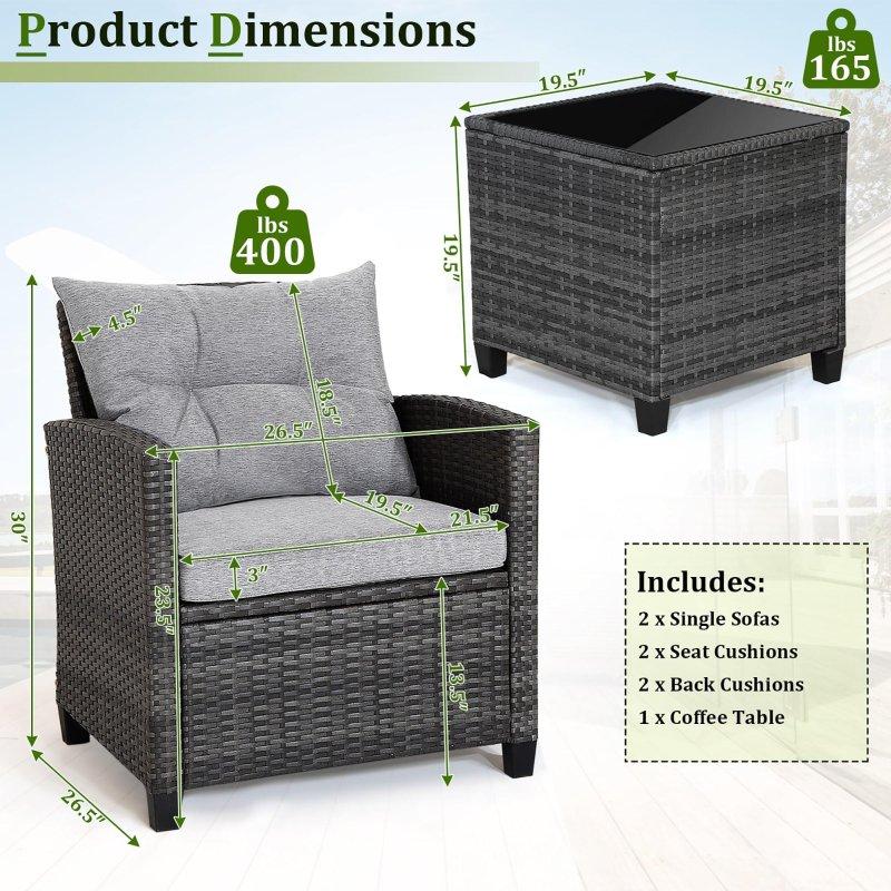 Gri Rattan Metal 3 Parça Minderli Cam Tablalı Bahçe Takımı - 276365