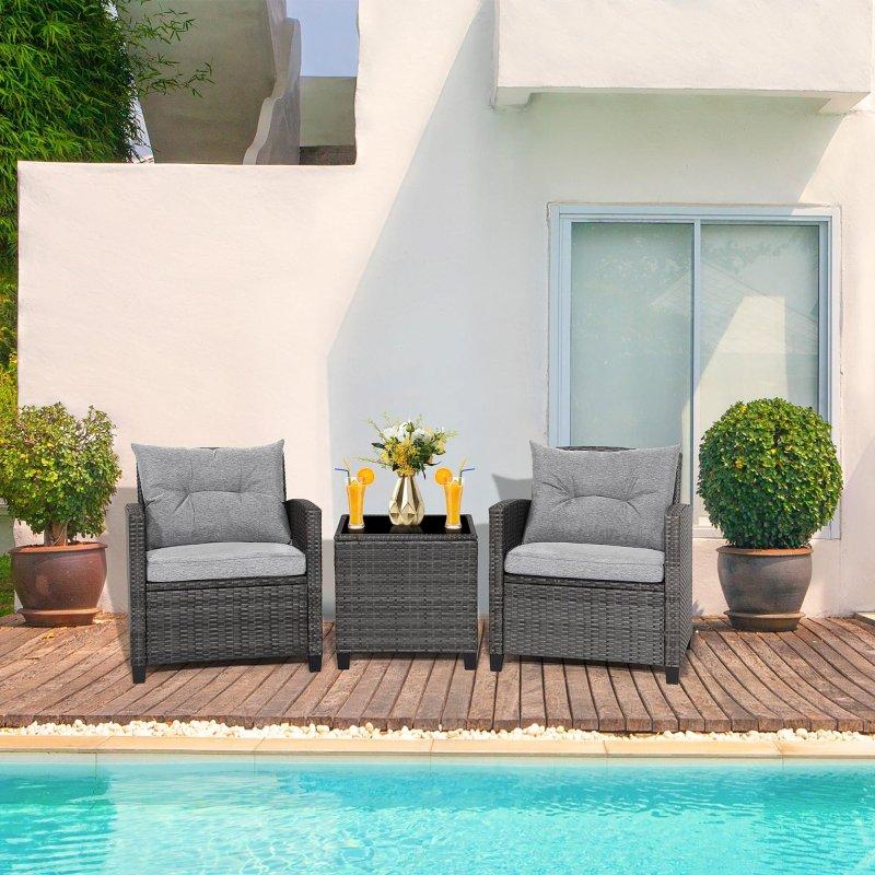 Gri Rattan Metal 3 Parça Minderli Cam Tablalı Bahçe Takımı - 276365