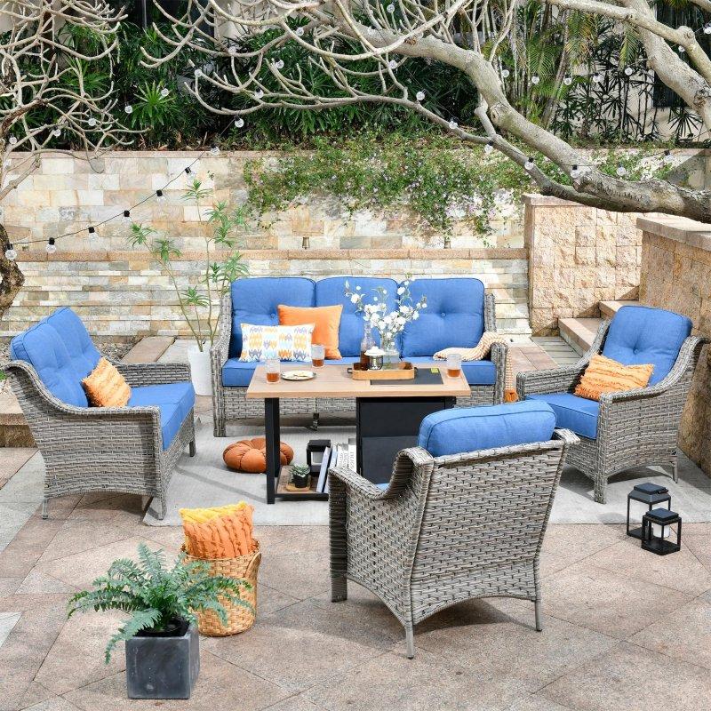 Gri Rattan Metal Ateş Çukurlu Minderli 5 Parça Bahçe Takımı - 272737