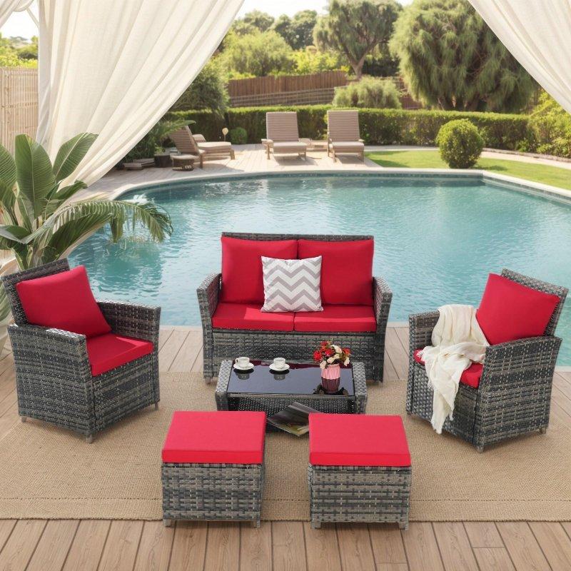 Gri Rattan Minderli 6 Parça Puflu Metal Bahçe Takımı - 274028