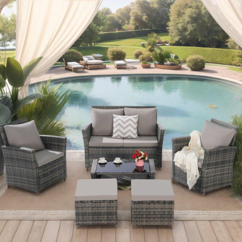 Gri Rattan Minderli 6 Parça Puflu Metal Bahçe Takımı - 274028
