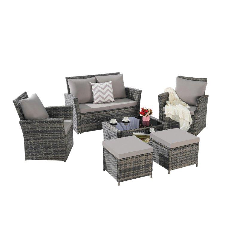 Gri Rattan Minderli Cam Tablalı 6 Parça Bahçe Takımı - 273169