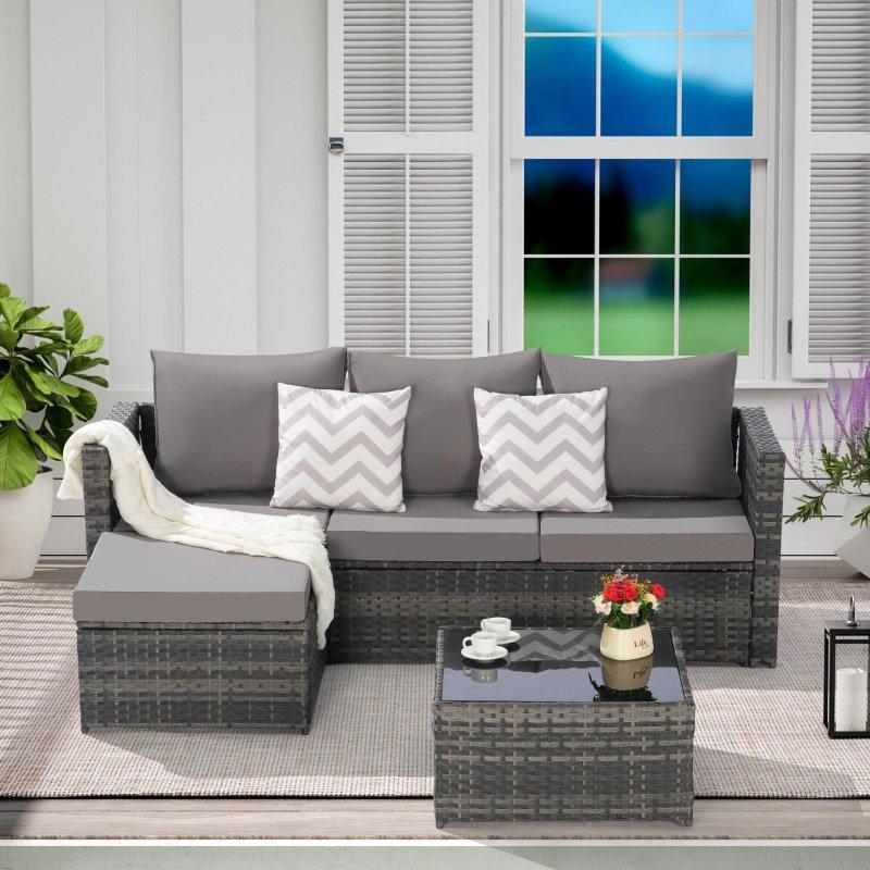 Gri Rattan Modüler Puf ve Sehpalı Bahçe Takımı - 272446
