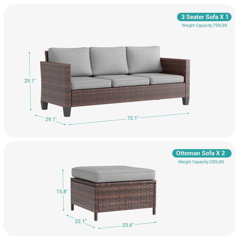 Gri Rattan Puflu 3 Parça Bahçe Takımı - 183x74 cm - 276934