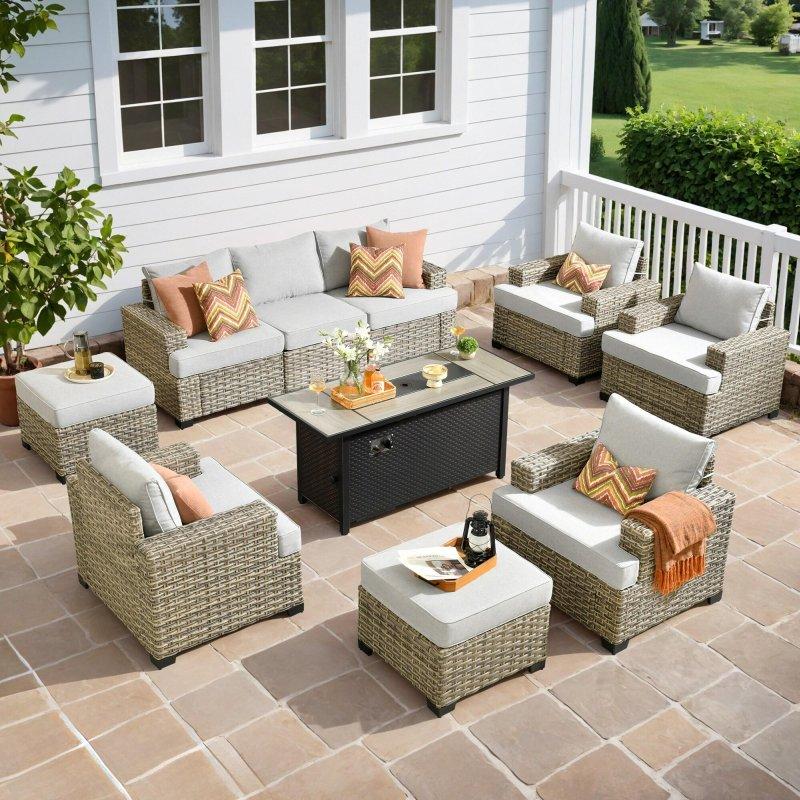 Gri Rattan Şömineli 10 Parça Bahçe Takımı - 270639