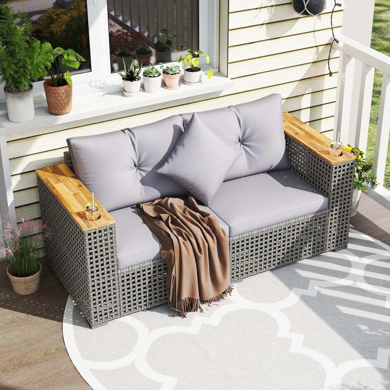 Gri Rattan ve Akasya Ahşap Modüler Bardaklıklı Bahçe Takımı - 159x69 cm - 270827