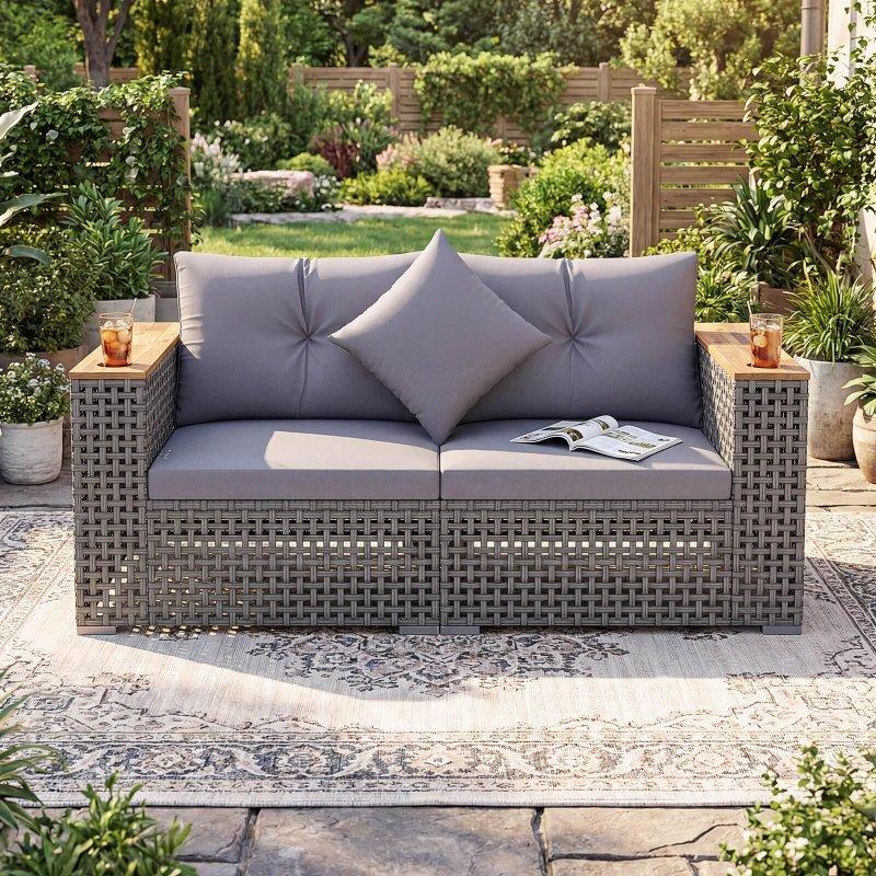 Gri Rattan ve Akasya Ahşap Modüler Bardaklıklı Bahçe Takımı - 159x69 cm - 270827
