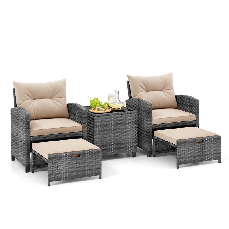 Gri Rattan ve Metal 5 Parça Minderli ve Puflu Bahçe Takımı - 270860