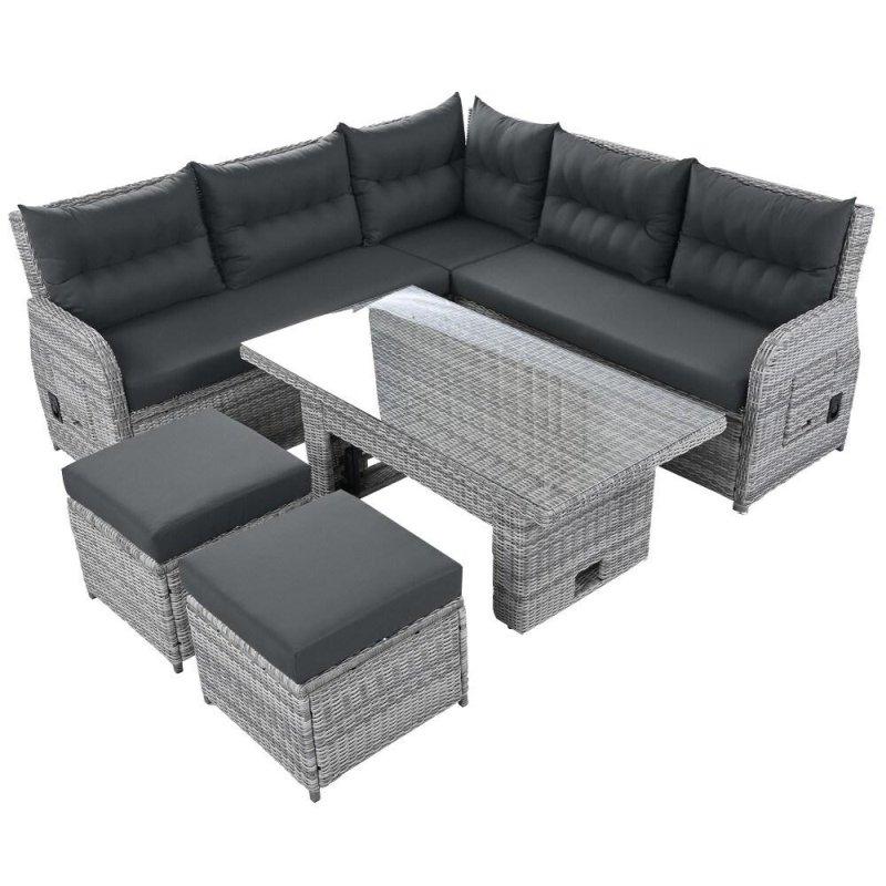 Gri Rattan Yatar Mekanizmalı ve Ayarlanabilir Masalı 6 Kişilik Köşe Bahçe Takımı - 274143