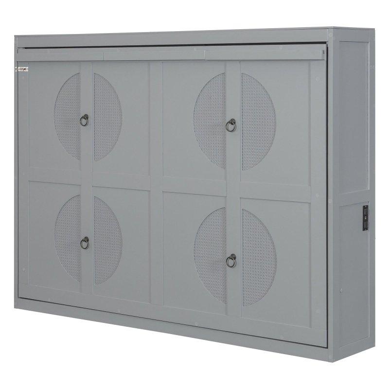 Gri Rattan Yüzeyli MDF Dolaplı Duvar Yatağı - 155x209 cm - 263831