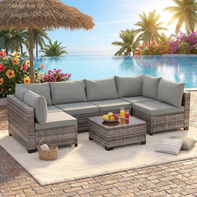Gri Reçine Rattan 7 Parça Modüler Bahçe Takımı - 270651