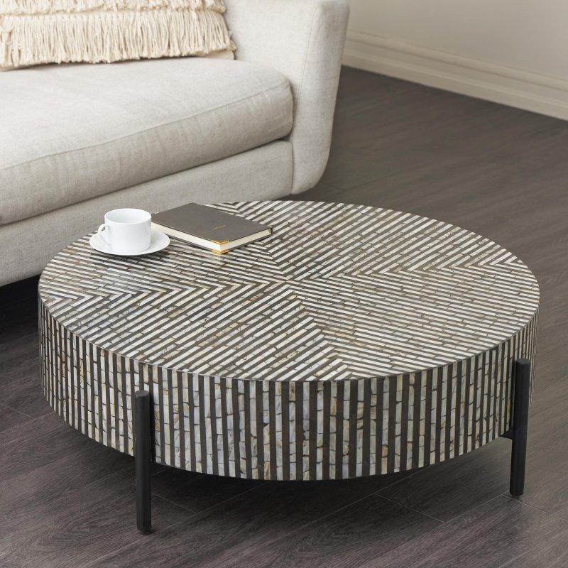 Gri Sedef El Yapımı Geometrik Desenli Metal Ayaklı Yuvarlak Orta Sehpa - 96x31 cm - 243503