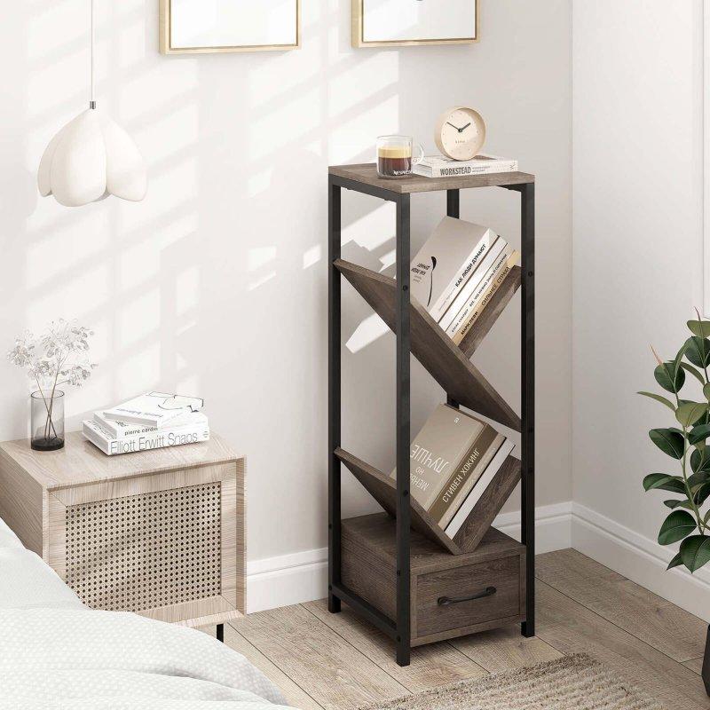 Gri Siyah Metal ve MDF Çekmeceli Ağaç Tasarımlı Kitaplık - 31x31x92 cm - 317842