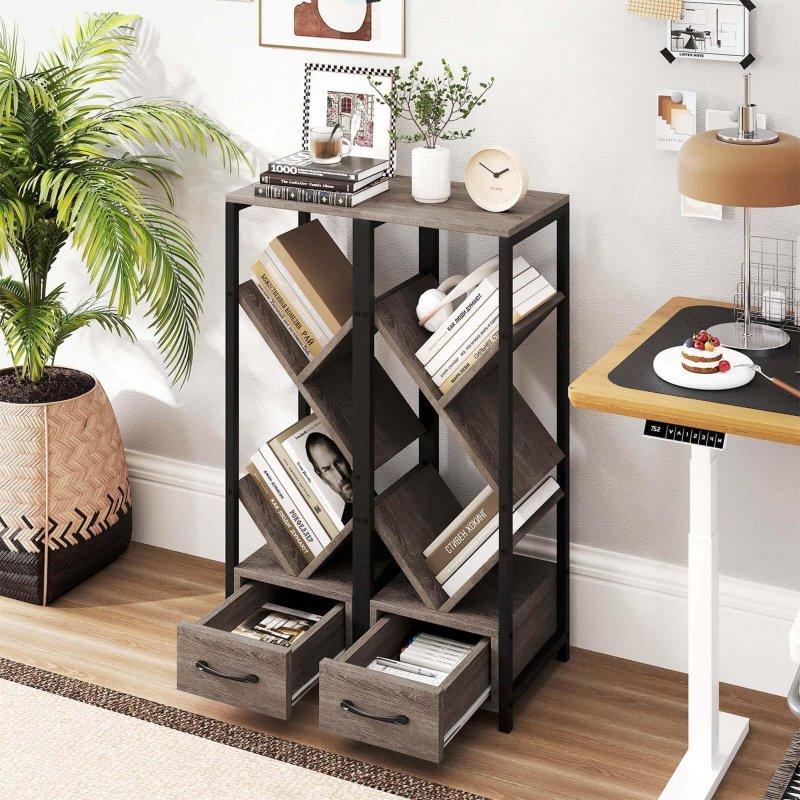 Gri Siyah Metal ve MDF Çekmeceli Ağaç Tasarımlı Kitaplık - 31x31x92 cm - 317842