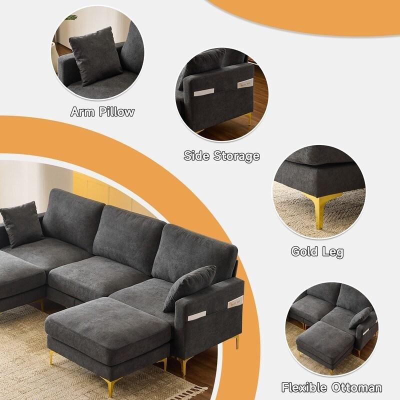 Gri Şönil Gold Ayaklı Kare Kollu 2 Puflu Bohem Koltuk - 254 cm - 279037