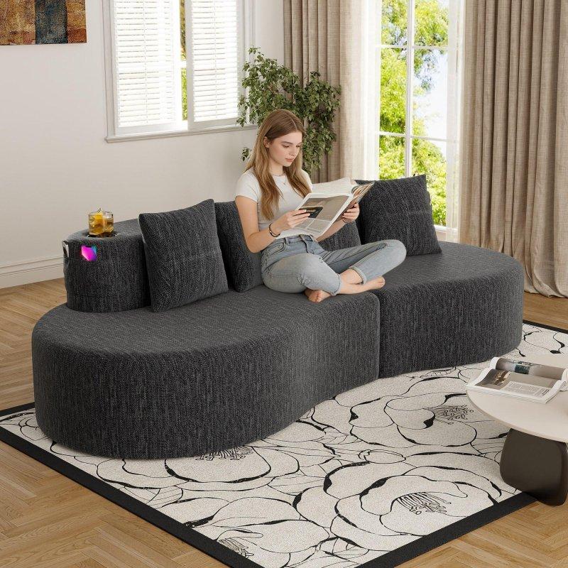 Gri Şönil Kumaş Kolsuz Kavisli Modüler 3 Kişilik Bohem Koltuk - 241x103 cm - 293928