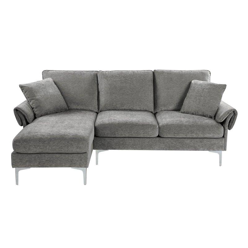 Gri Şönil Kumaş Krom Ayaklı Yönü Değiştirilebilir Modüler Köşe Koltuk - 217x141 cm - 260557