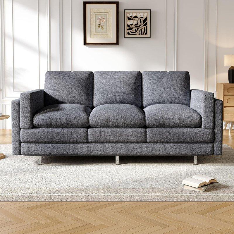 Gri Şönil Kumaş Metal Ayaklı Çift Katmanlı Minderli 3 Kişilik Bohem Koltuk - 202x83x86 cm - 294636