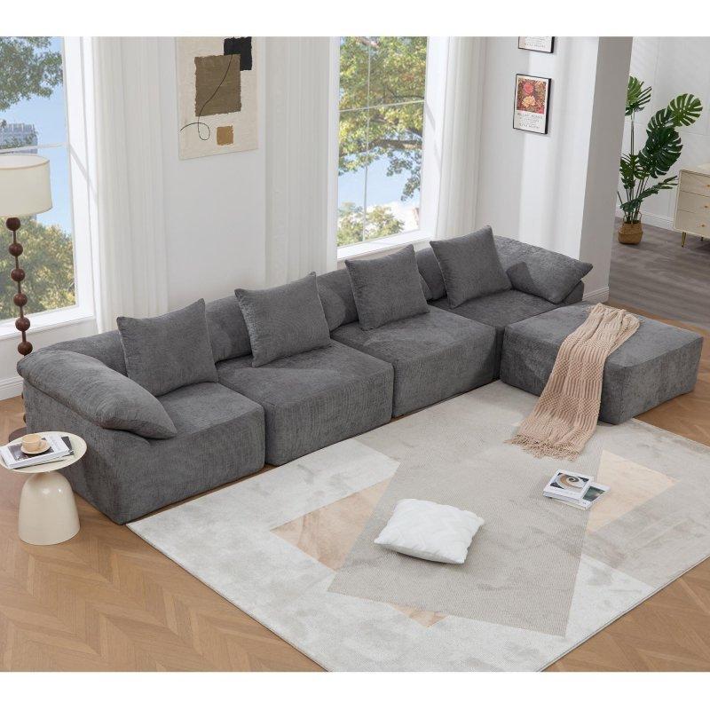 Gri Şönil Kumaş Modüler 5 Kişilik Puflu L Şekilli Köşe Koltuk - 361x183 cm - 257188