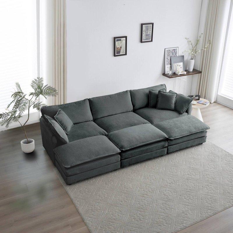 Gri Şönil Kumaş Modüler Derin Oturumlu Puflu Bohem Koltuk Takımı - 277096