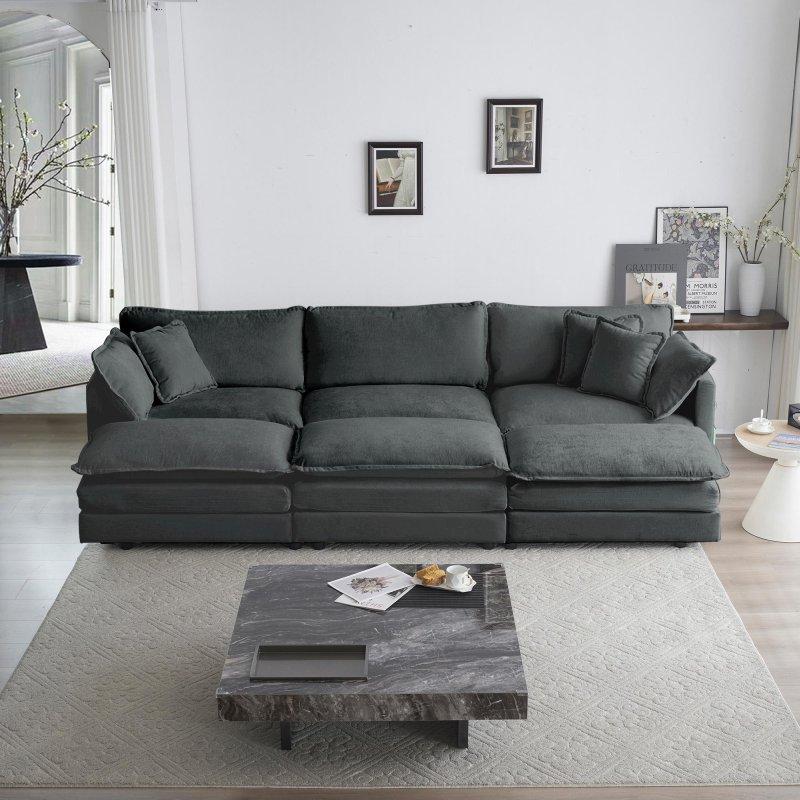 Gri Şönil Kumaş Modüler Derin Oturumlu Puflu Bohem Koltuk Takımı - 277096