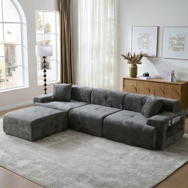 Gri Şönil Kumaş Modüler İskeletsiz L Şeklinde Bohem Koltuk - 300 cm - 283275