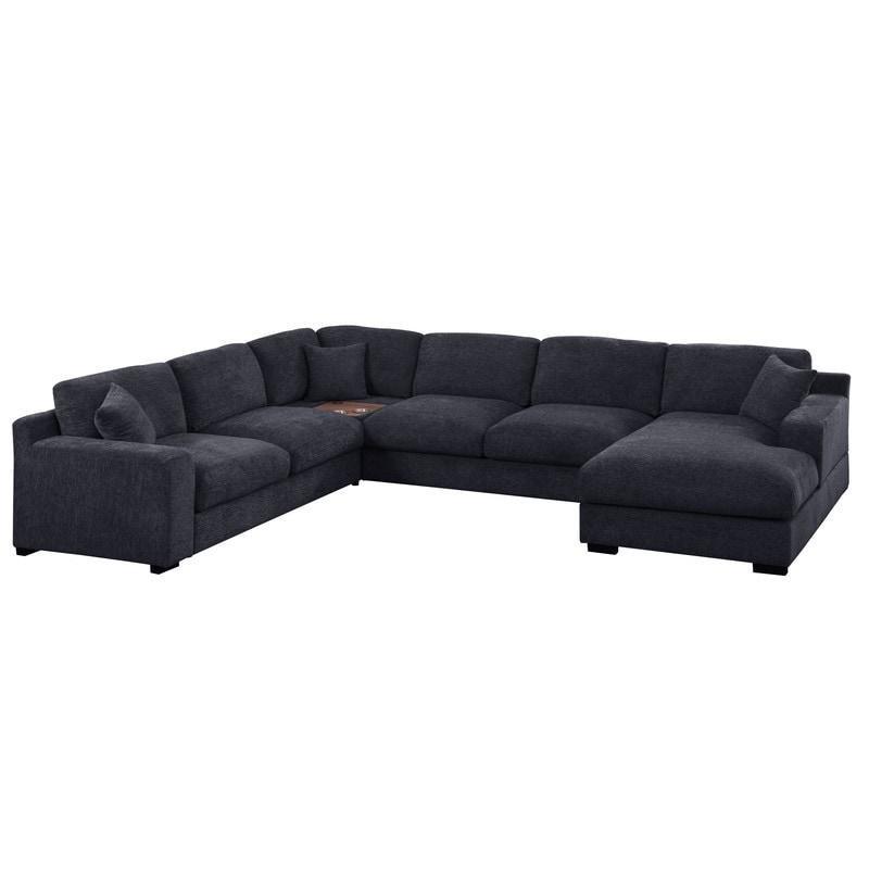 Gri Şönil Kumaş Sağ Uzanmalı Bardaklıklı ve USB Şarjlı Modüler Köşe Koltuk - 326x254 cm - 256881