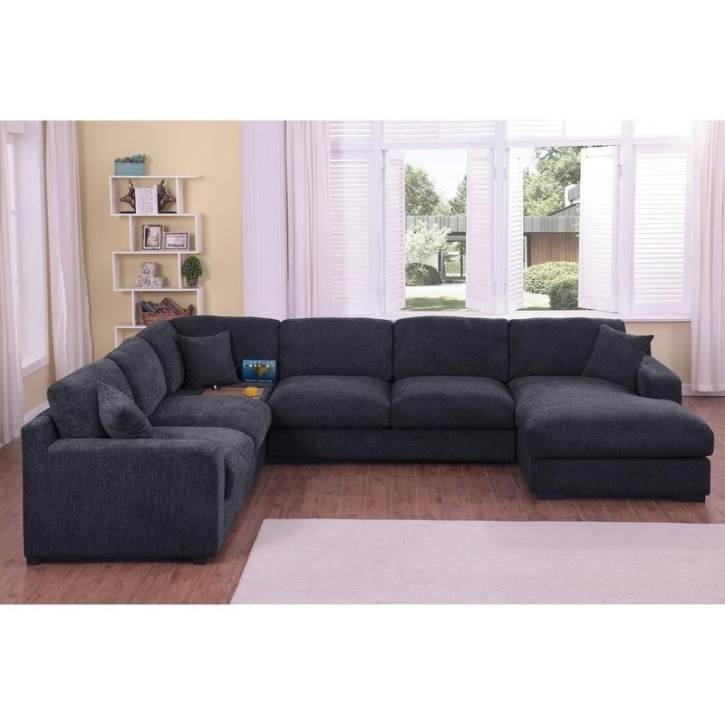 Gri Şönil Kumaş Sağ Uzanmalı Bardaklıklı ve USB Şarjlı Modüler Köşe Koltuk - 326x254 cm - 256881