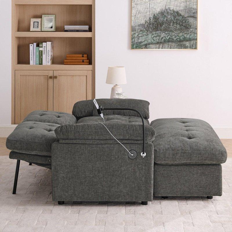 Gri Şönil Kumaş USB Şarjlı ve Puflu Ayarlanabilir Sırtlıklı İkili Bohem Koltuk - 143x79 cm - 292767