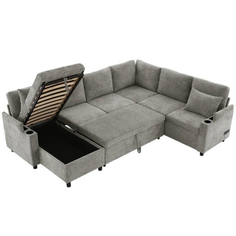 Gri Şönil Kumaş Yataklı Sandıklı Bardaklıklı ve Şarj Portlu U Köşe Koltuk - 280x217 cm - 258973
