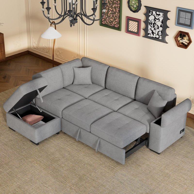 Gri Şönil Yataklı Sandıklı USB Şarjlı Köşe Koltuk - 216x193 cm - 257033