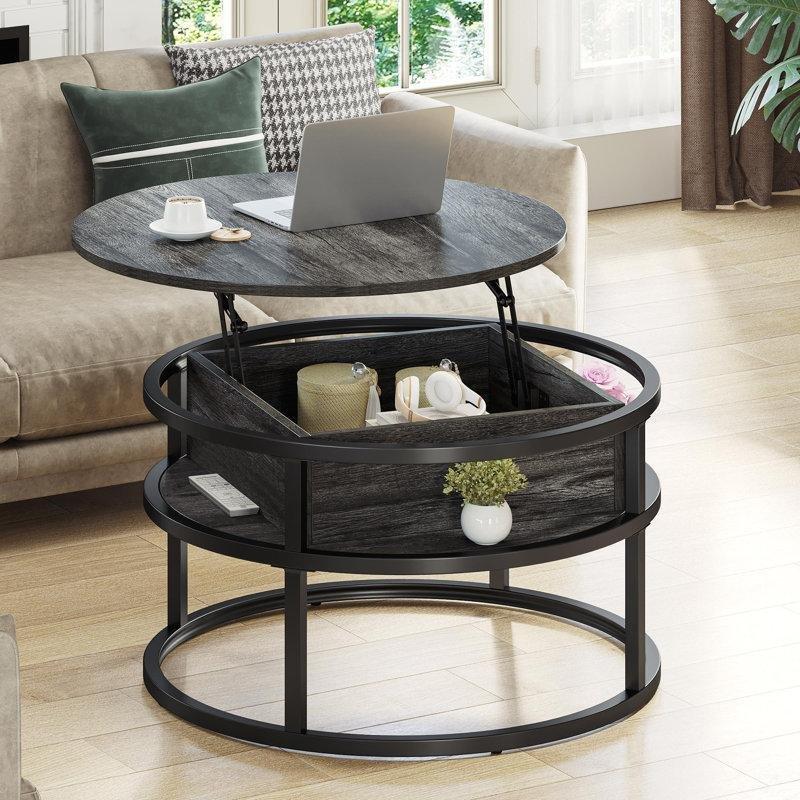Gri Sunta ve Metal Asansörlü Depolama Alanlı Yuvarlak Orta Sehpa - 81 cm - 244926