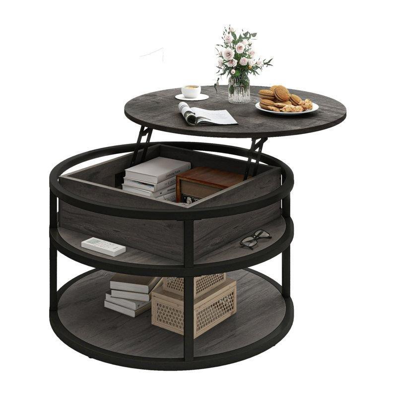 Gri Sunta ve Metal Asansörlü Depolama Alanlı Yuvarlak Orta Sehpa - 81 cm - 244926