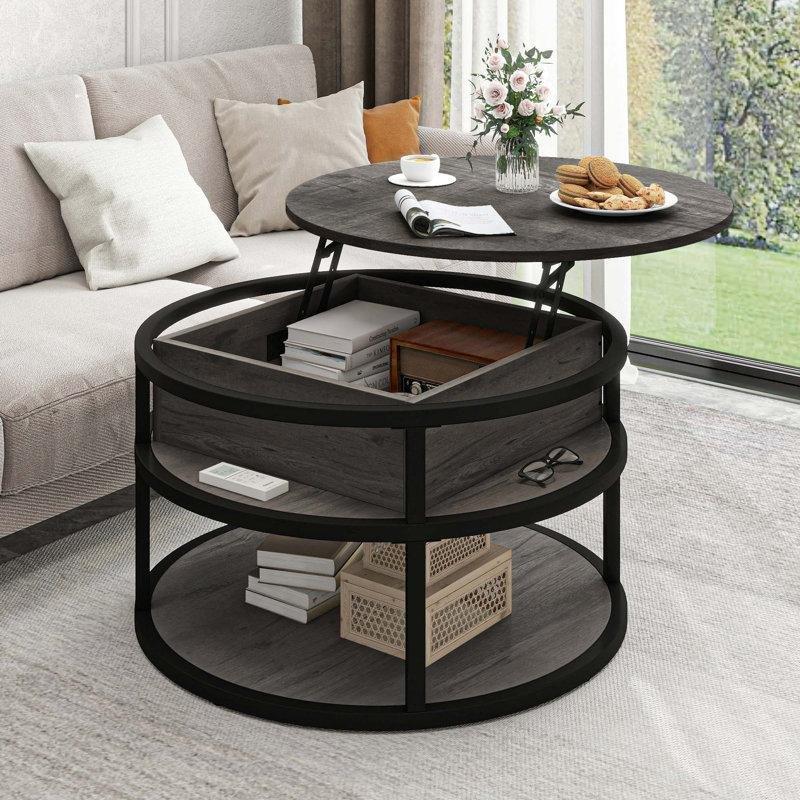 Gri Sunta ve Metal Asansörlü Depolama Alanlı Yuvarlak Orta Sehpa - 81 cm - 244926