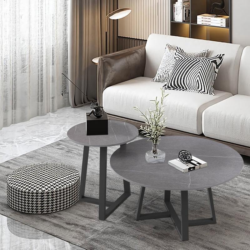 Gri Taş Tablalı Çapraz Demir Ayaklı Zigon Yuvarlak Orta Sehpa Seti - 80 cm - 244956