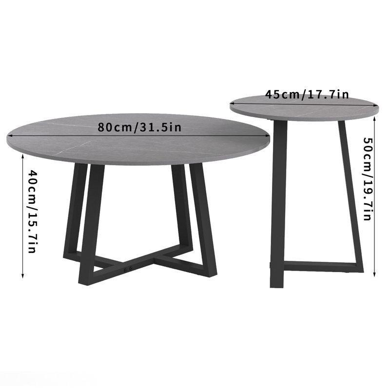 Gri Taş Tablalı Çapraz Demir Ayaklı Zigon Yuvarlak Orta Sehpa Seti - 80 cm - 244956