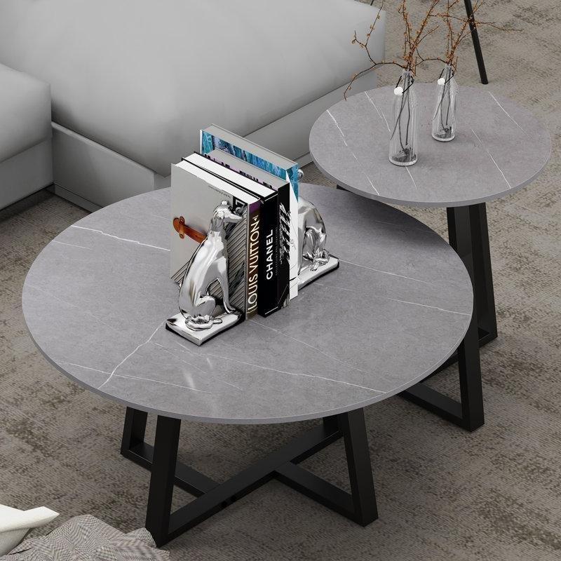 Gri Taş Tablalı Çapraz Demir Ayaklı Zigon Yuvarlak Orta Sehpa Seti - 80 cm - 244956