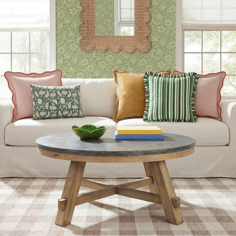Gri Taş Tablalı Kahverengi Masif Ahşap Ayaklı Yuvarlak Orta Sehpa - 100x49 cm - 244464