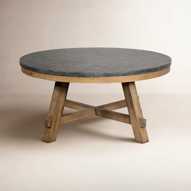 Gri Taş Tablalı Kahverengi Masif Ahşap Ayaklı Yuvarlak Orta Sehpa - 100x49 cm - 244464