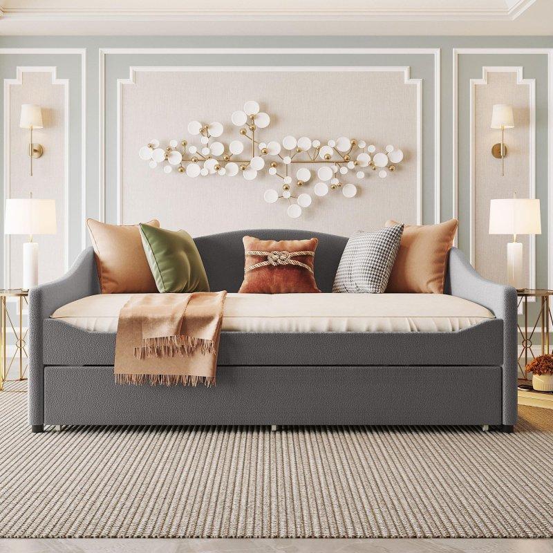 Gri Teddy Kumaş Döşemeli LEDli Yavru Yataklı Daybed Karyola - 202x150x98 cm - 329866