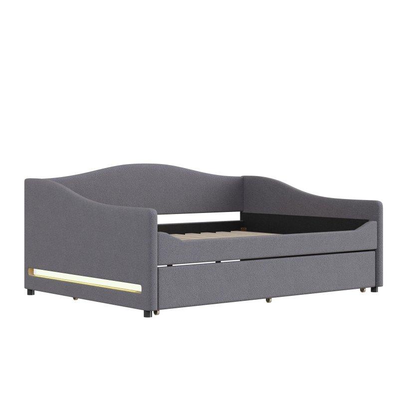 Gri Teddy Kumaş Döşemeli LEDli Yavru Yataklı Daybed Karyola - 202x150x98 cm - 329866