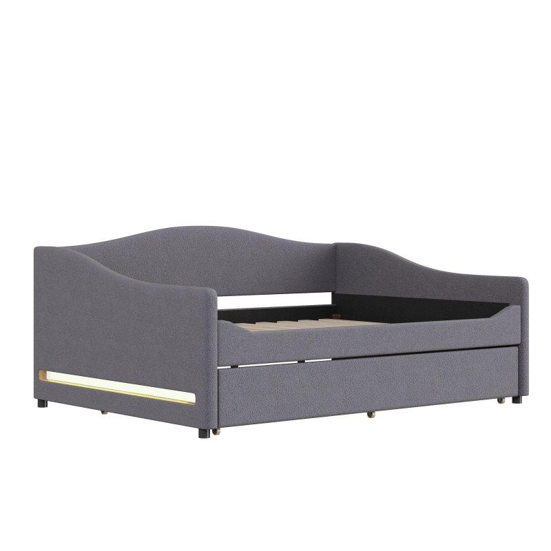 Gri Teddy Kumaş Kavisli Tasarım LED Işıklı Yavru Yataklı Daybed Karyola - 202x150x98 cm - 330026