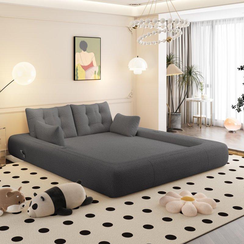 Gri Teddy Kumaş Yatağa Dönüşebilen Kaymaz Tabanlı Ahşap Bohem Koltuk - 200x110 cm - 286413