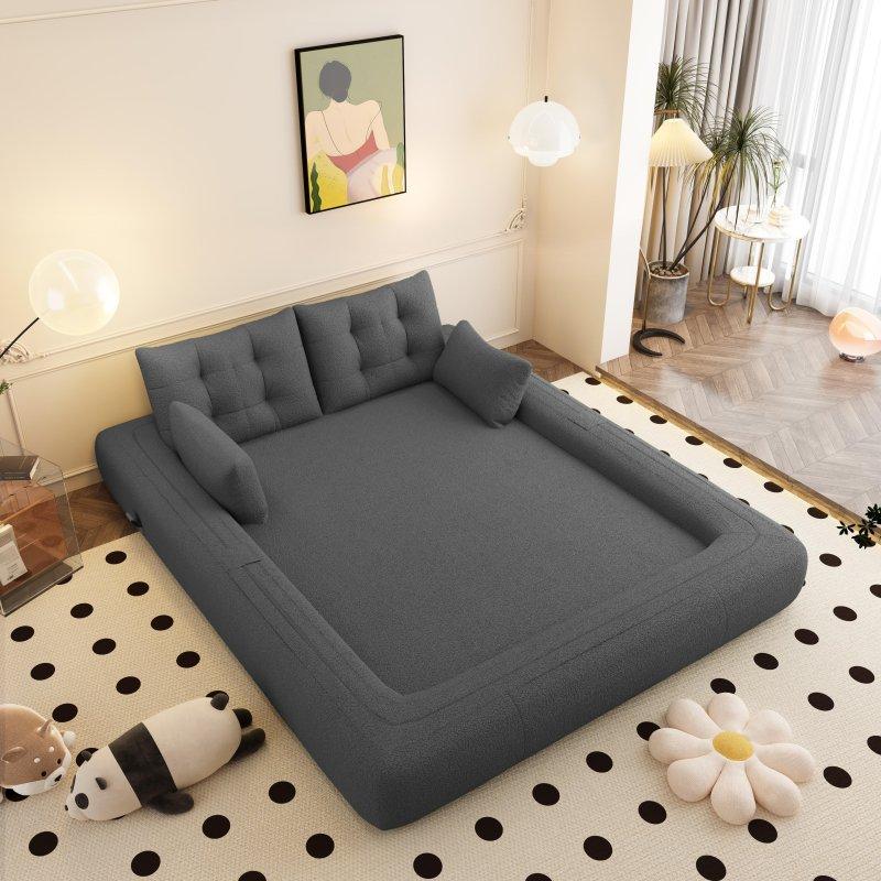 Gri Teddy Kumaş Yatağa Dönüşebilen Kaymaz Tabanlı Ahşap Bohem Koltuk - 200x110 cm - 286413